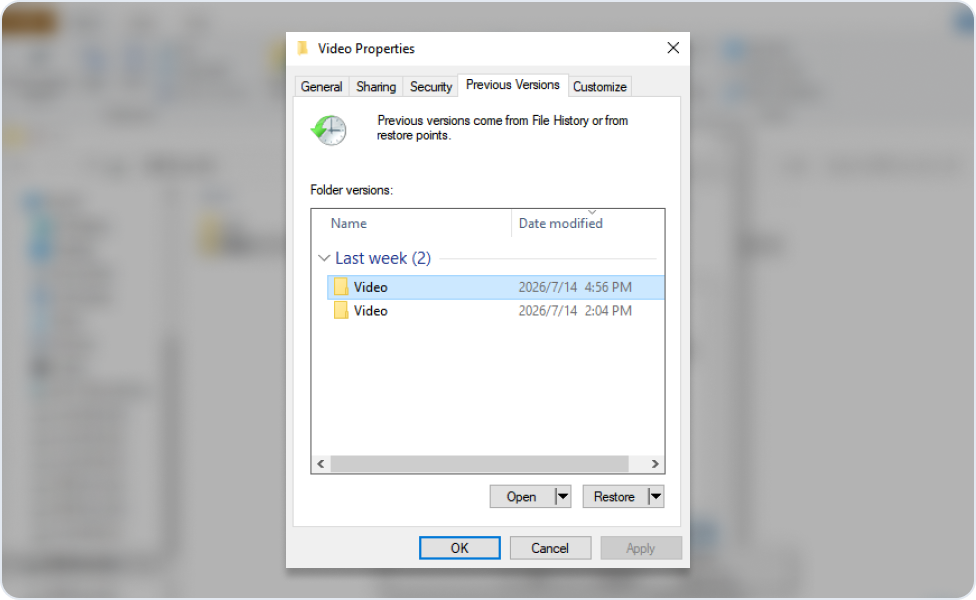 Windows 資料夾內容中的「舊版本」索引標籤